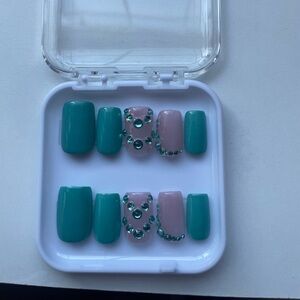 Teal Press-On Nails with Rhinestones- Hand Painted